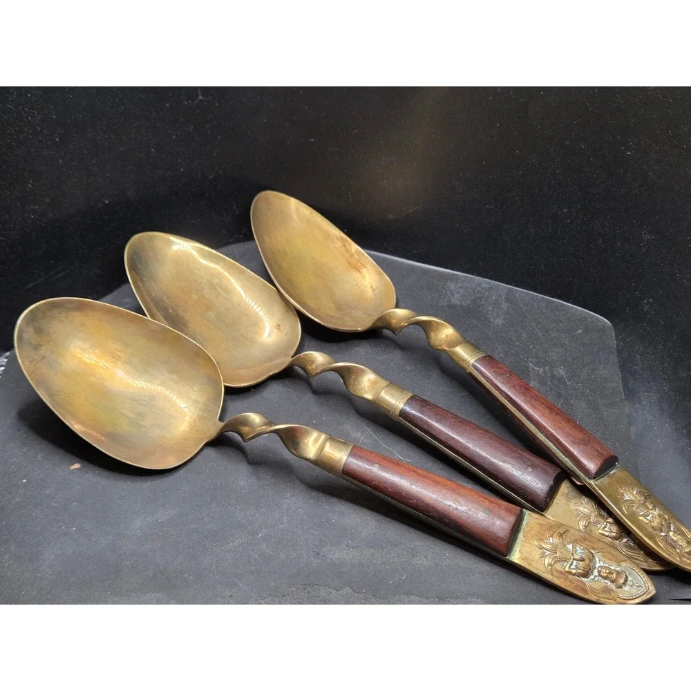 Vintage Thai Bronze Rosewood Serving Set 7pc Gold Goddess Buddha Mid Century